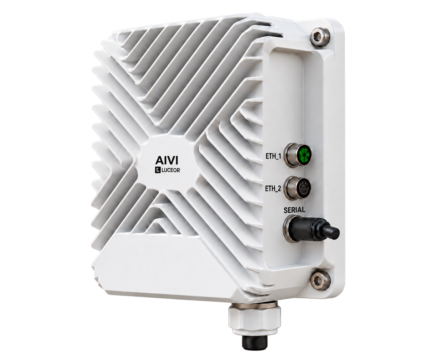 White AIVI edge module with centred AIVI and LUCEOR markings and three circular connectors labelled ETH_1, ETH_2 and SERIAL