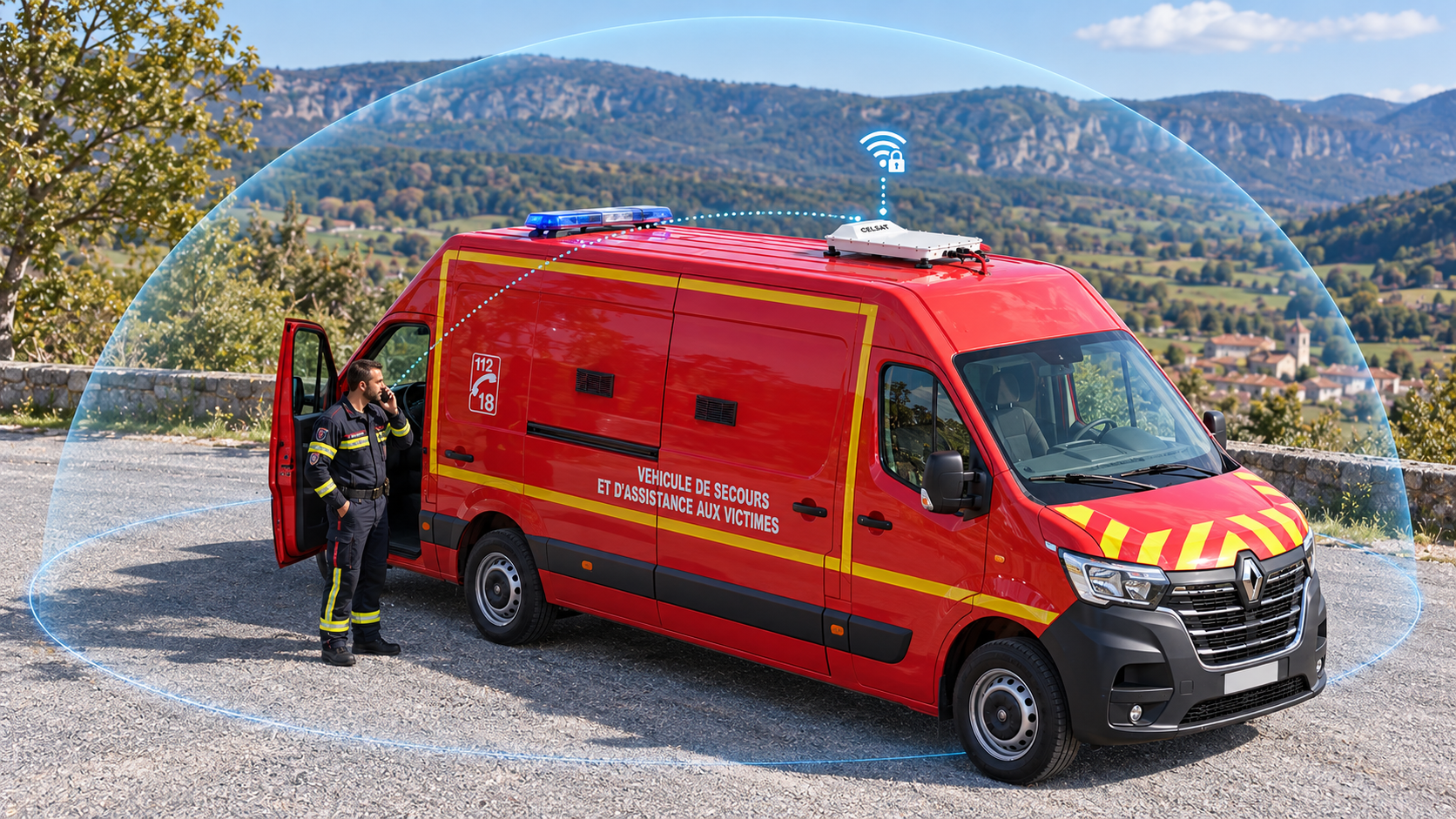 CELSAT installed on the roof of a firefighter rescue van, with a secure WiFi bubble and a driver making a smartphone call beside the vehicle