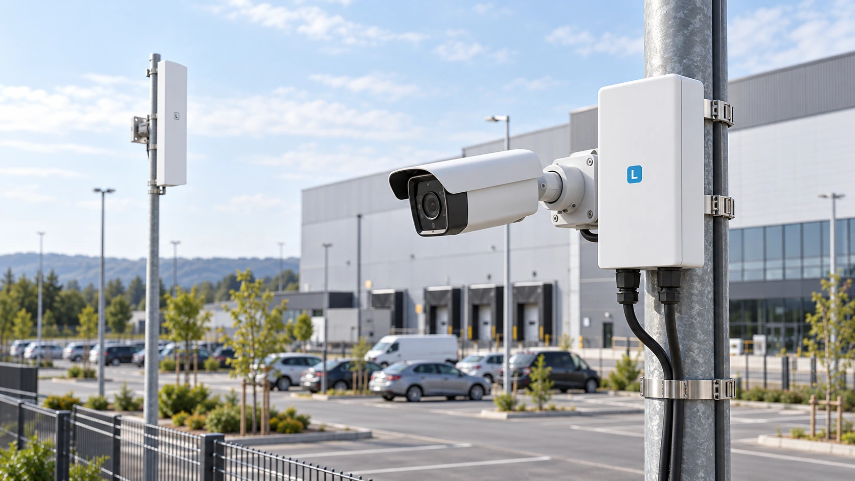 Illustrative LITE E16 installation beside a surveillance camera, with a distant sector radio