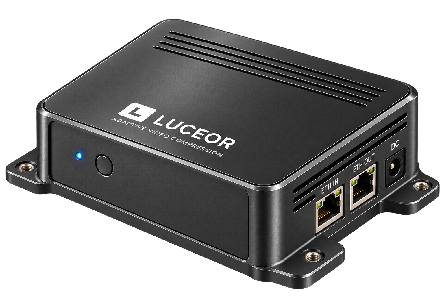 Black LUCEOR indoor video compression mini-PC with corrected L logo, reinforced mounting base, ETH IN, ETH OUT and DC connectors