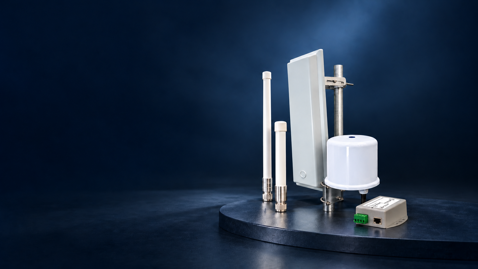 Four LUCEOR antennas and a PoE injector in an airy studio composition: O2B-G8, O2B-G10, O3B, S90WB and POE-DC-I1036-O48