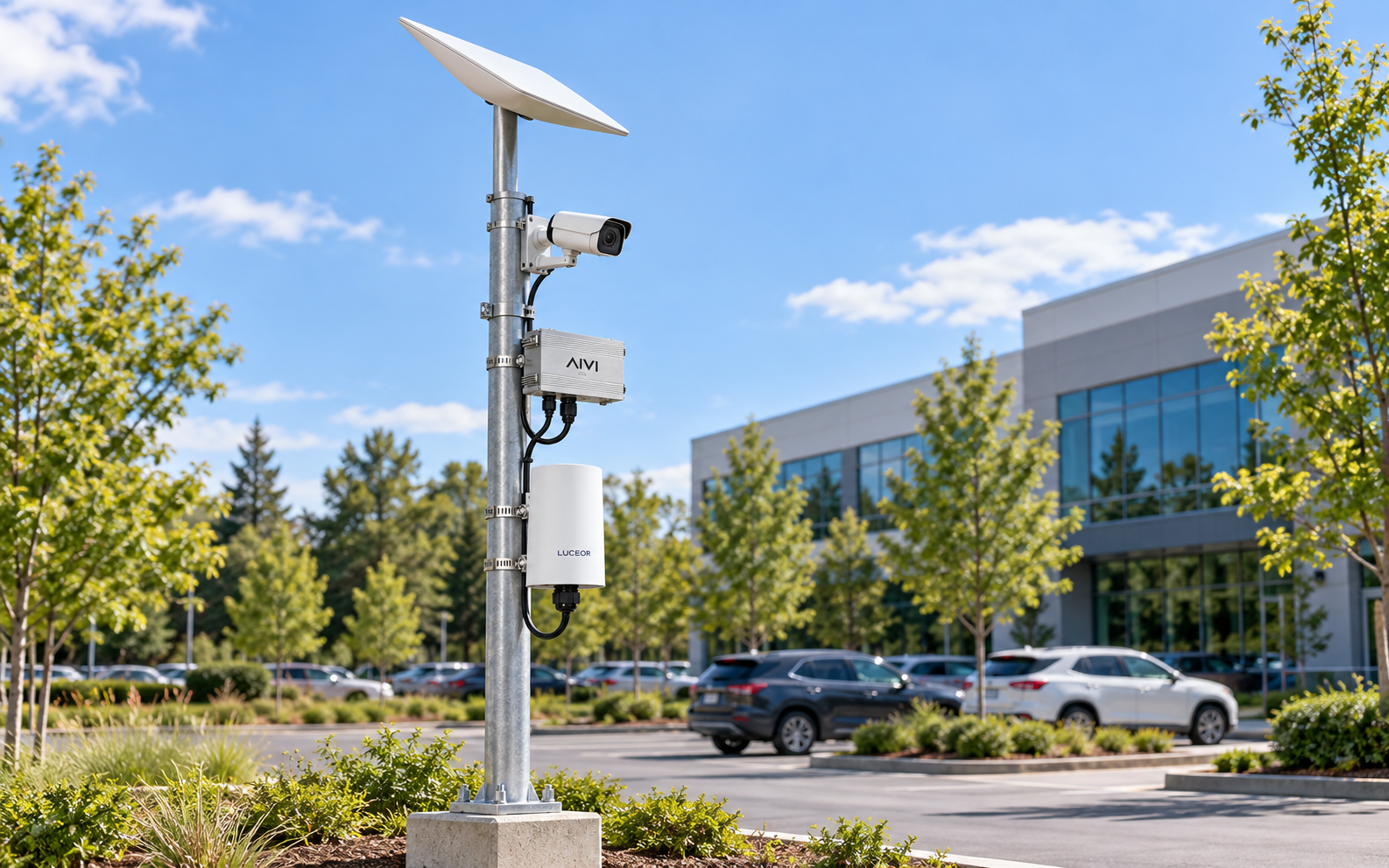 Camera, AIVI edge module and 5G TUBE mounted on one mast, with a Starlink antenna at its top
