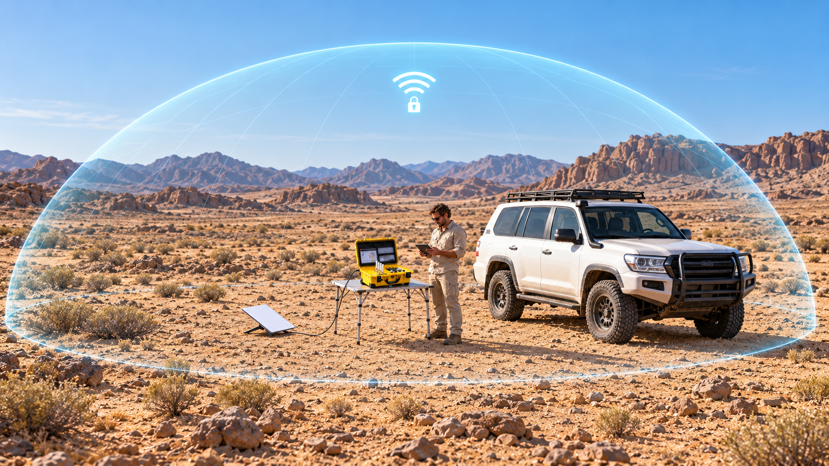 RDK and Starlink beside a 4×4 in the desert, providing secure WiFi access to the team