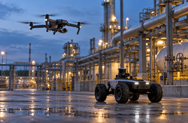 An inspection drone and autonomous rover at an industrial site