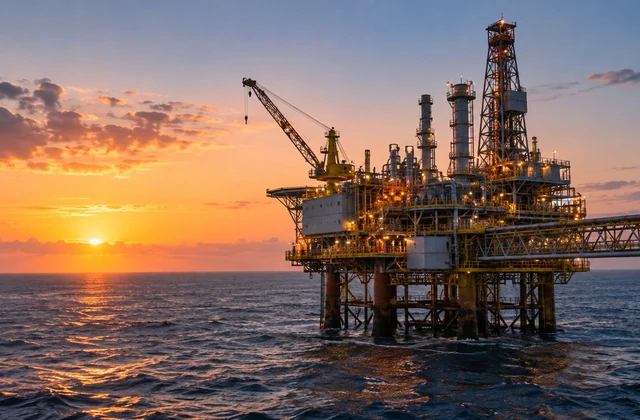 An offshore oil and gas platform at sunset