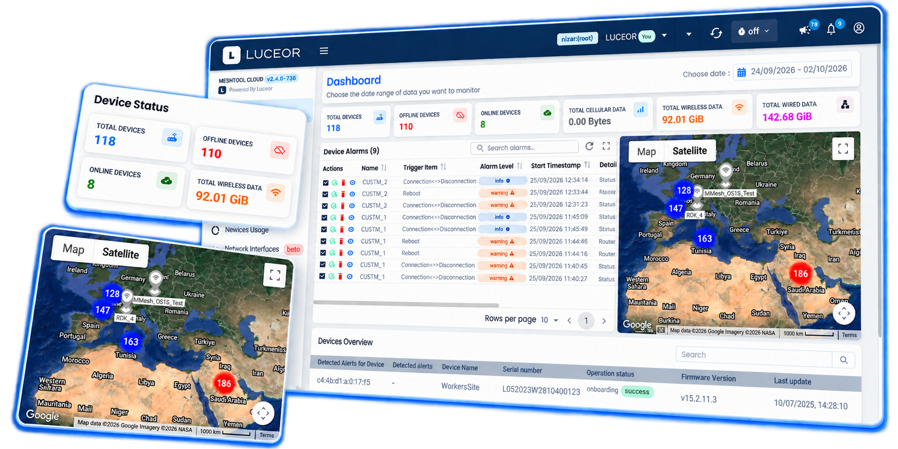 MeshTool Cloud dashboard, device status and network map