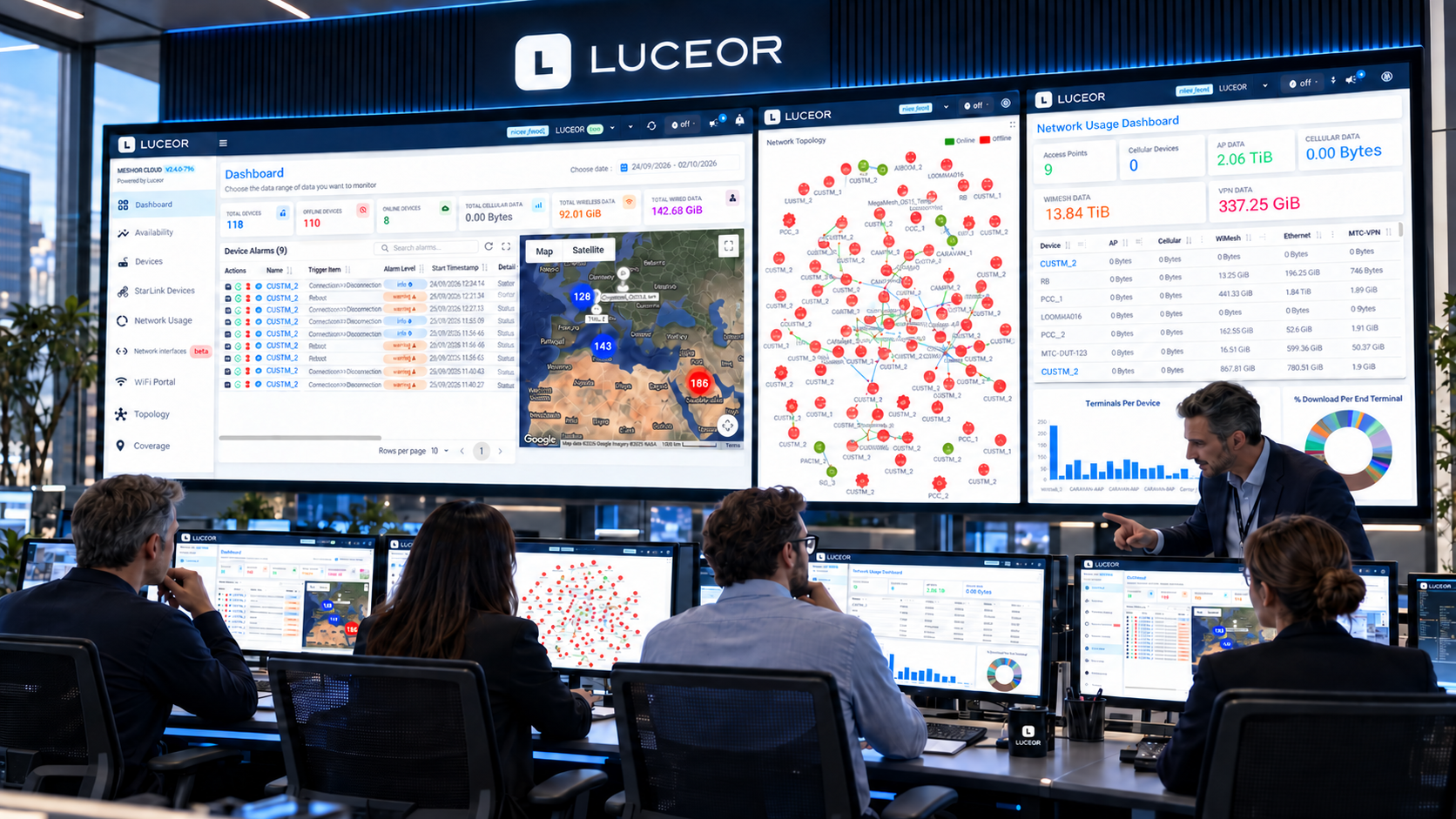 MeshTool Cloud displayed across the screens of a LUCEOR network operations centre